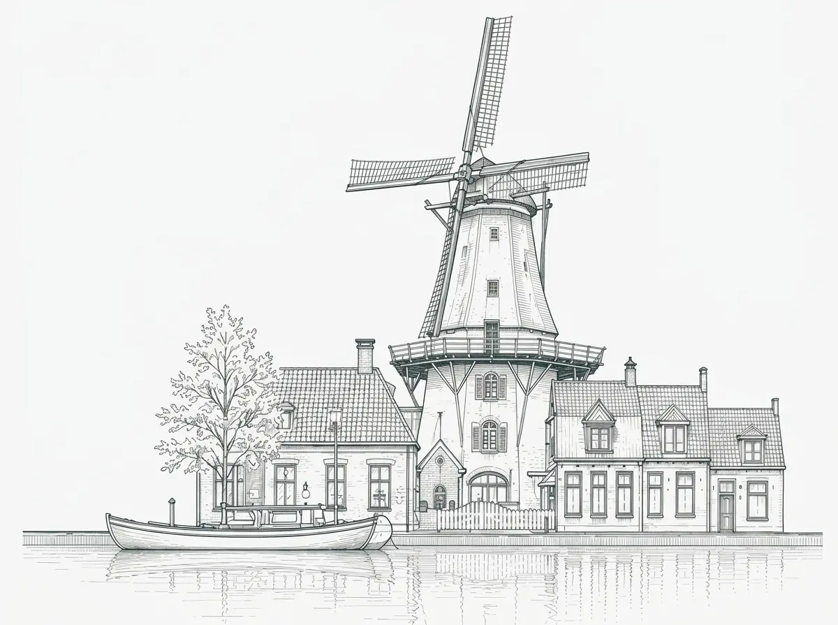 Potloodtekening van de monumentale mosterdmolen in Meppel waarin onze vergaderlocatie The Mill zich bevindt.