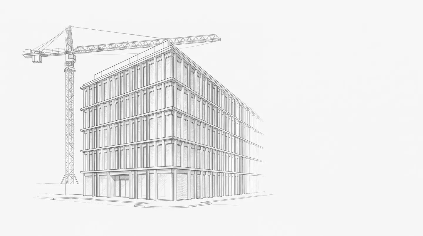 Pentekening van een nieuw opgeleverd gebouw met een houten gevel, met een torenkraan ernaast.