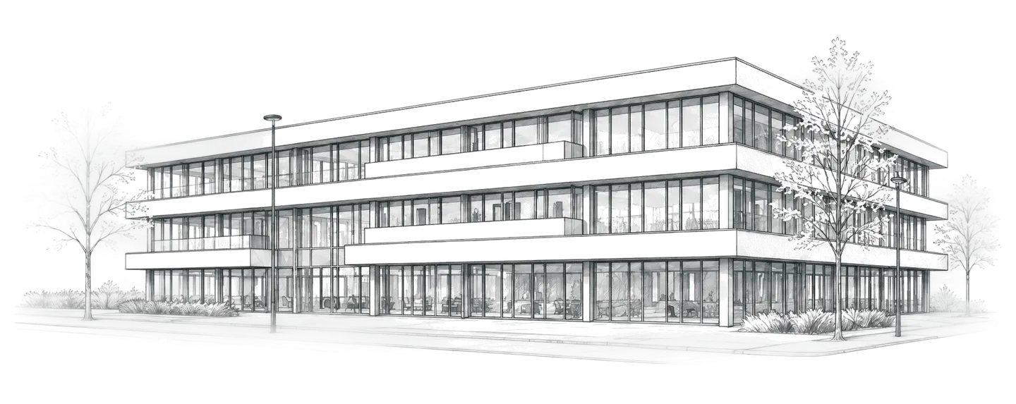 Potloodtekening van ons kantoor in Amsterdam-Zuid.